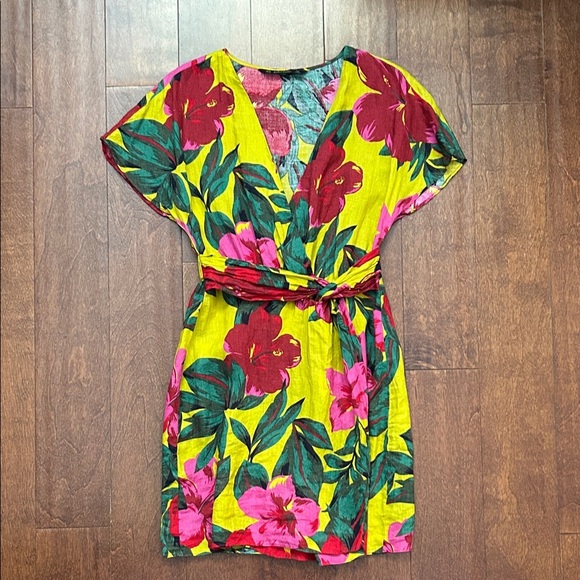 Zara Vibrant Chartreuse Hibiscus Floral Linen Mini Dress, Size XS - Picture 2 of 16